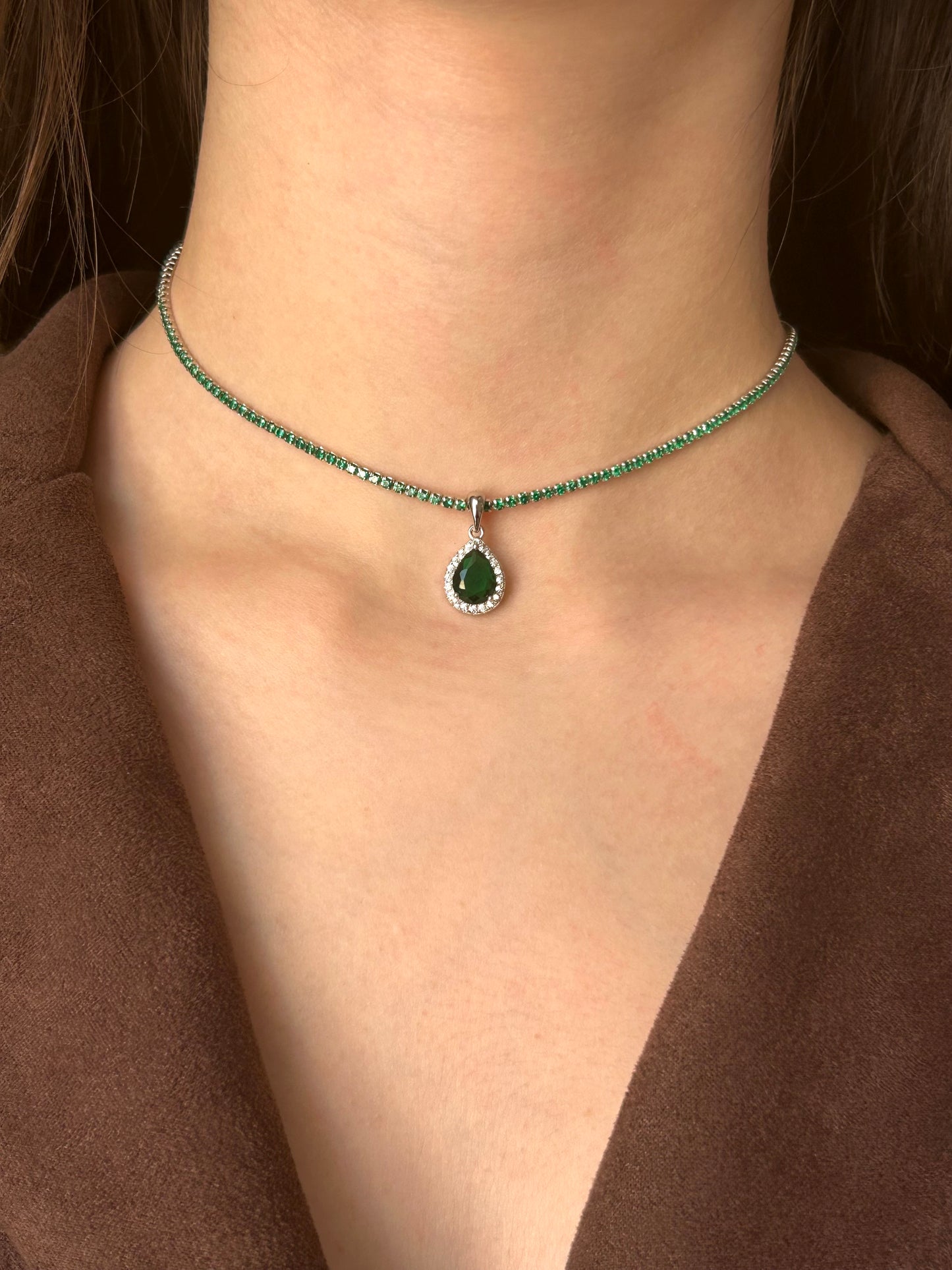 Collana Tennis Argento 925 Zirconi Verde Smeraldo e Goccia Bianca