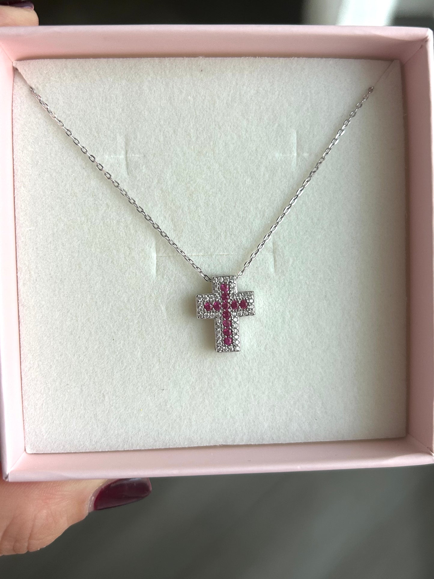 Collana Croce Bianca e Rubino in Argento 925 Rodiato