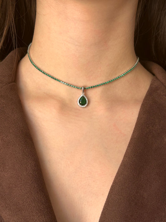 Collana Tennis Argento 925 Zirconi Verde Smeraldo e Goccia Bianca