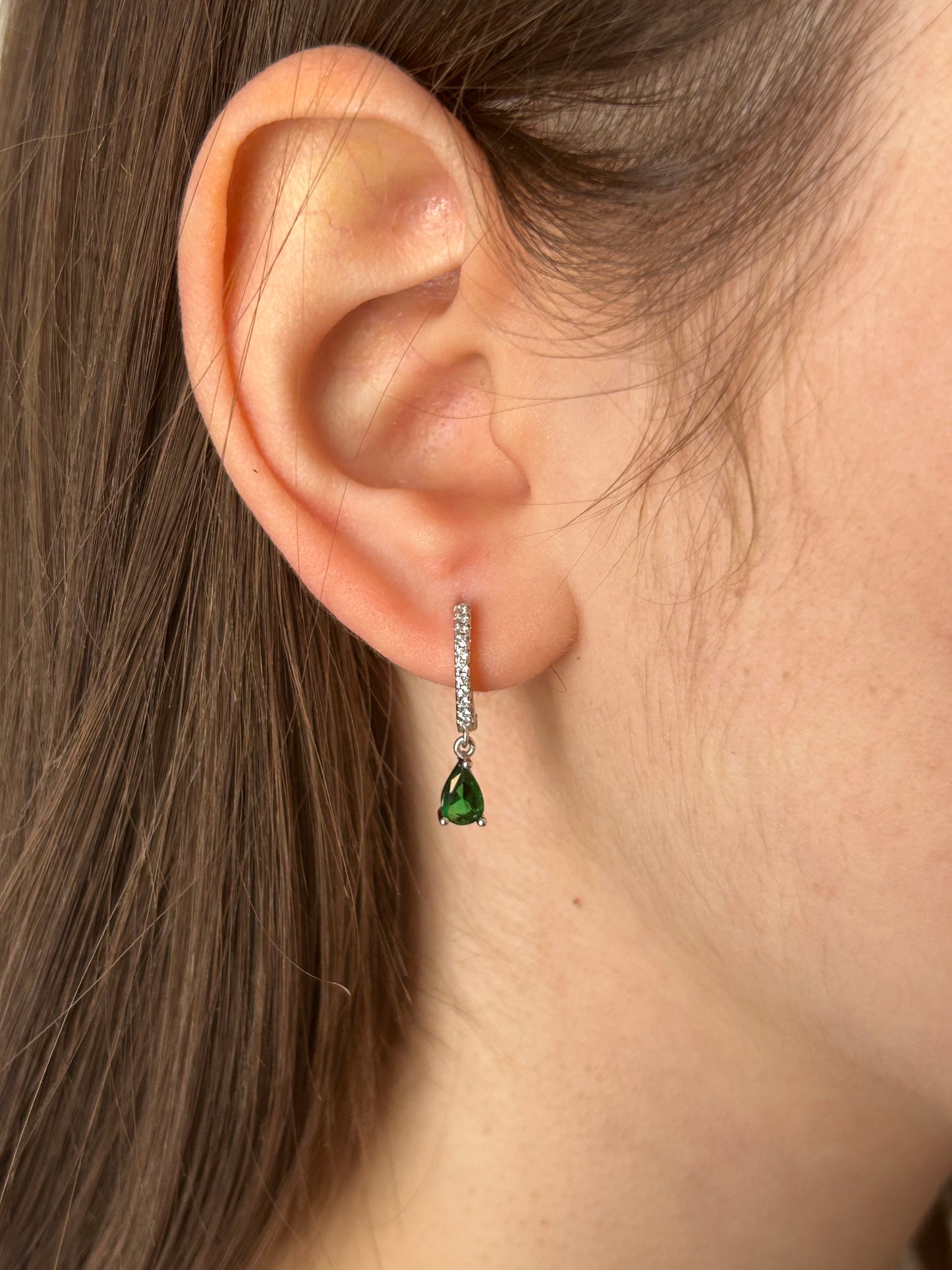 Orecchini Cristina Cerchietti Argento 925 Zirconi e Goccia Smeraldo