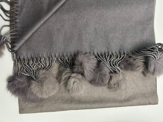 Sciarpa Cashmere Elegante Calda Morbida Bicolore con Pon Pon in Ecopelliccia