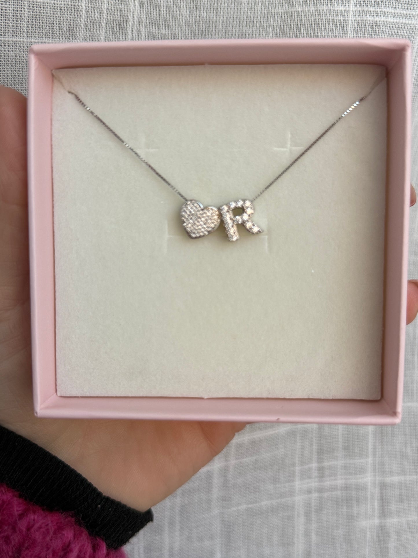 Collana Lettera Cuore in Argento 925 con Zirconi Bianchi