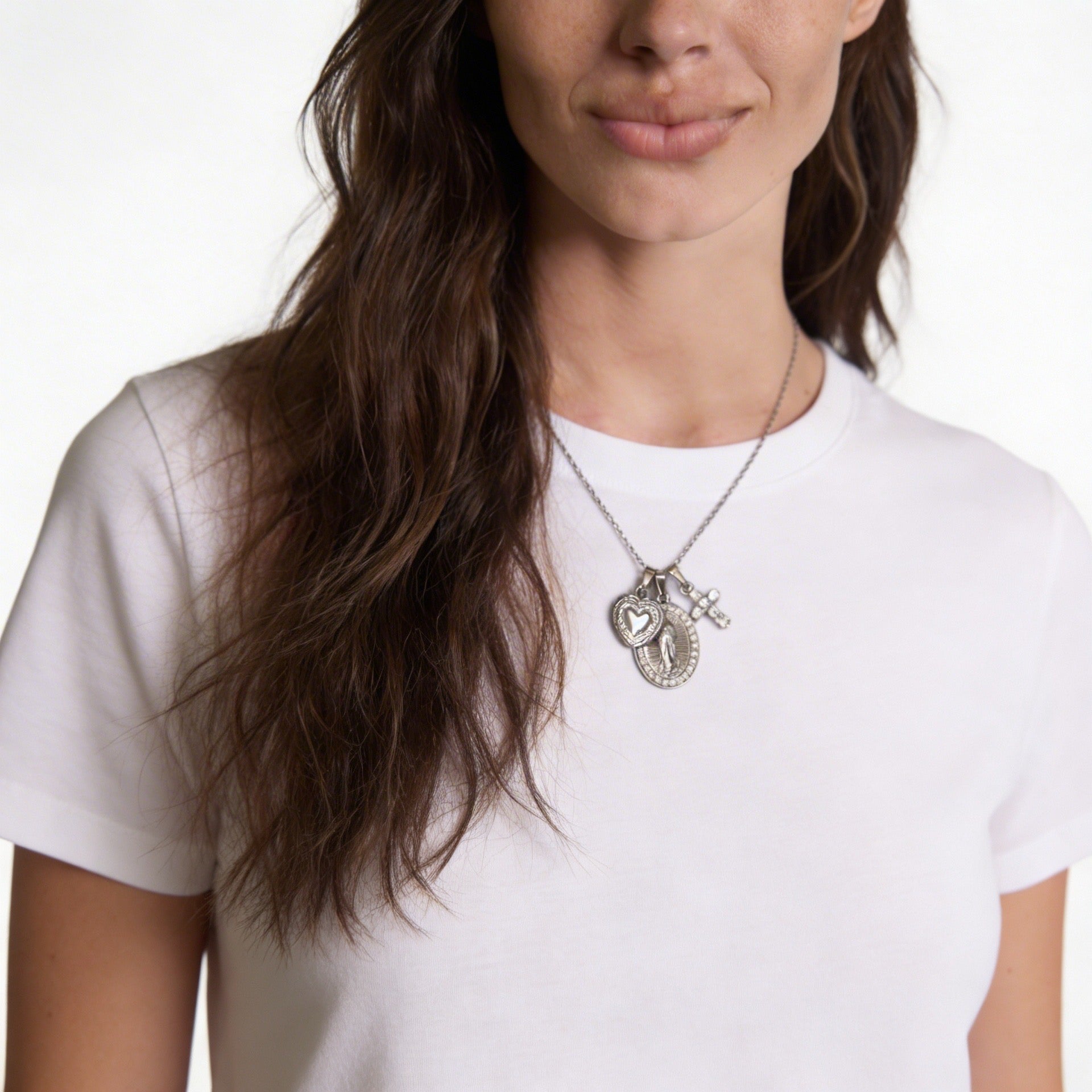 Collana Tre Promesse - Madonnina Miracolosa, Cuore Sacro e Croce Zirconata