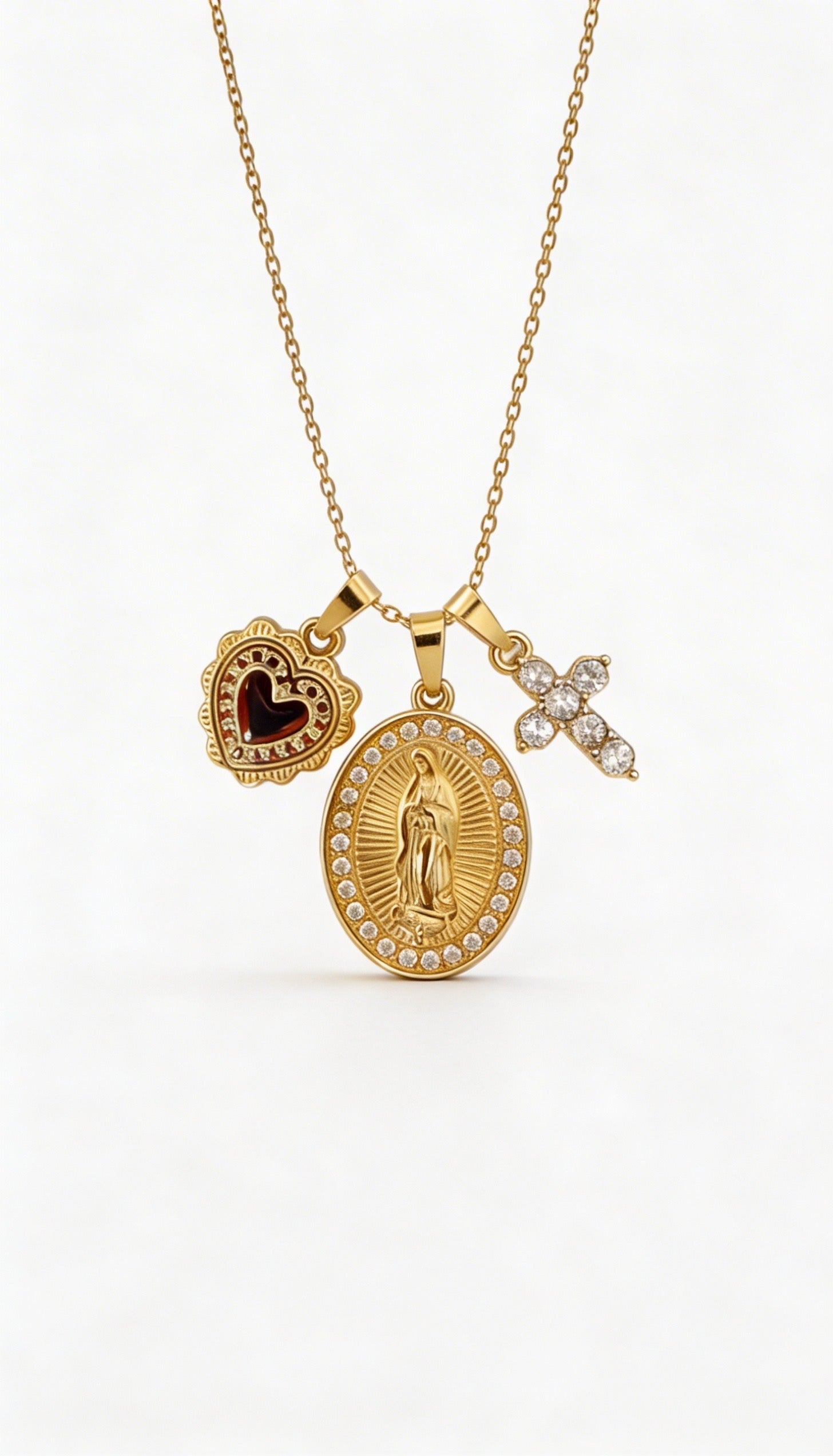 Collana Tre Promesse - Madonnina Miracolosa, Cuore Sacro e Croce Zirconata