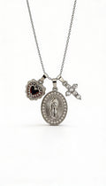 Collana Tre Promesse - Madonnina Miracolosa, Cuore Sacro e Croce Zirconata