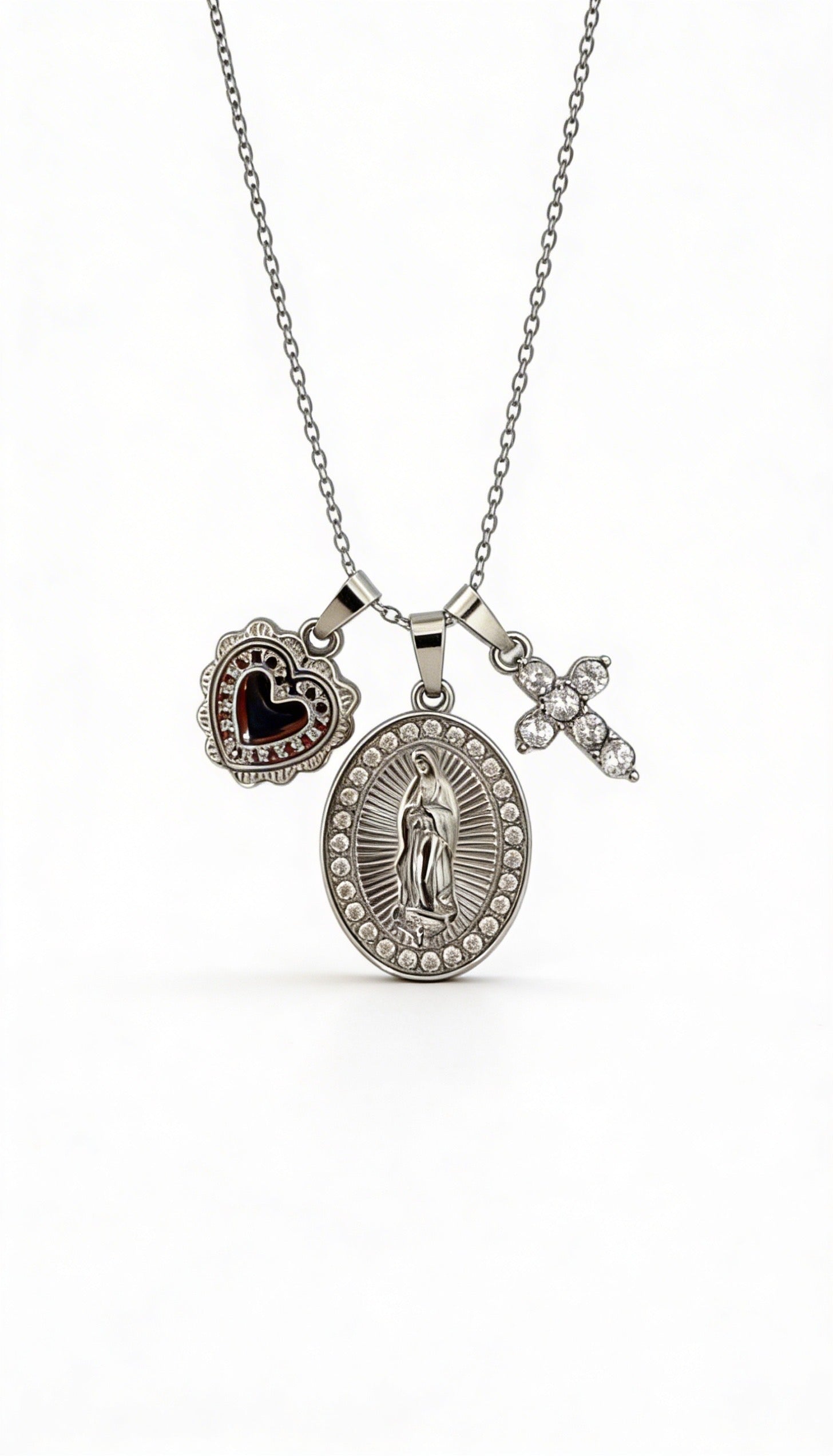 Collana Tre Promesse - Madonnina Miracolosa, Cuore Sacro e Croce Zirconata